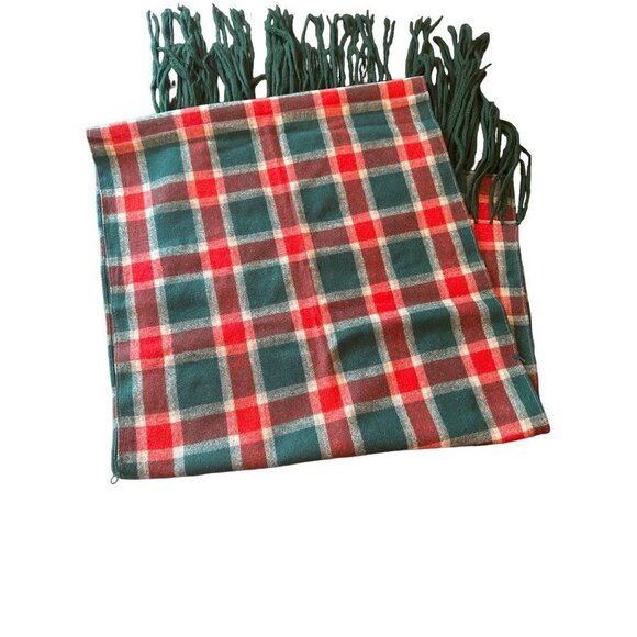 Green Red Wool Plaid Long Fringe Scarf Wrap - Picture 4 of 4